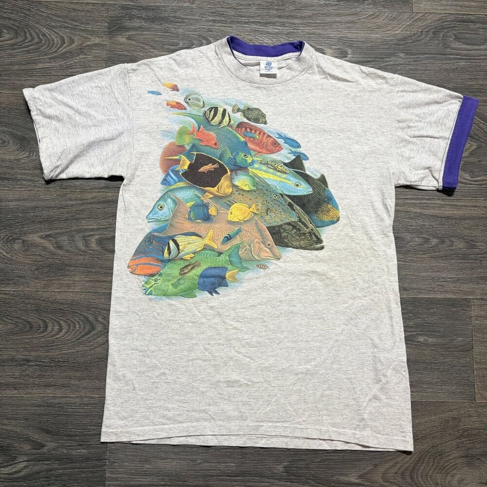 90s Tropical Fish Shirt XL Single Stitch Gray Purple Sleeve Roll Up Aquarium Sea